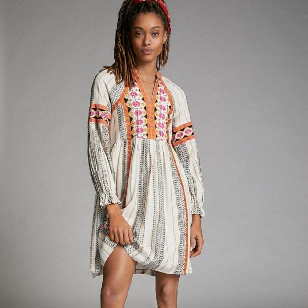 Anthropologie Lottie Boho Cotton Long Sleeve embroidered Mini dress